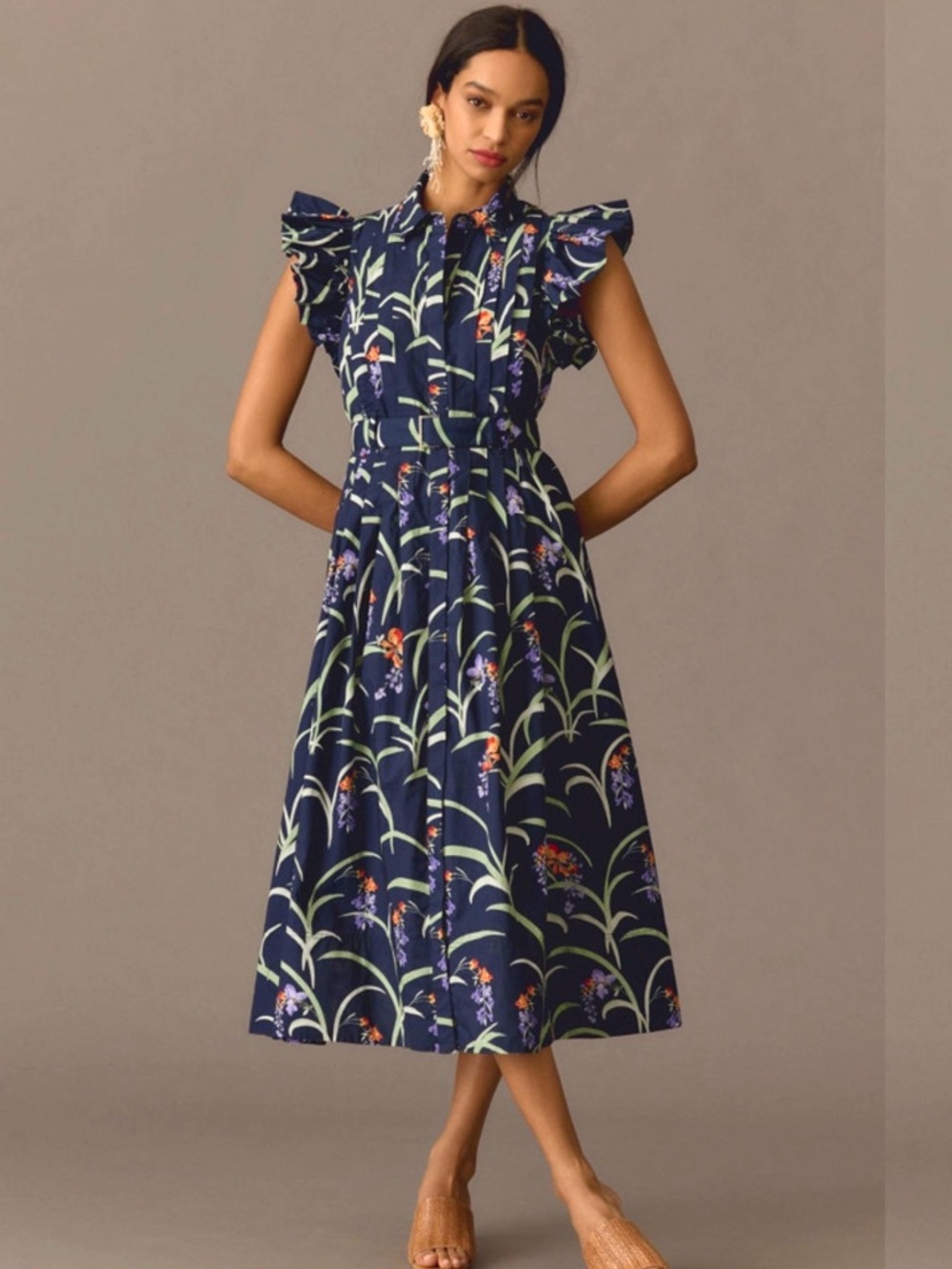 Maeve Anthropologie Ruffled Floral Midi Dress Navy Cotton Pockets XXSP